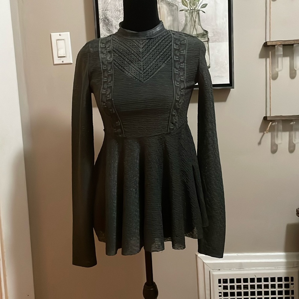 Free People Charcoal Textured Long Sleeve Blouse